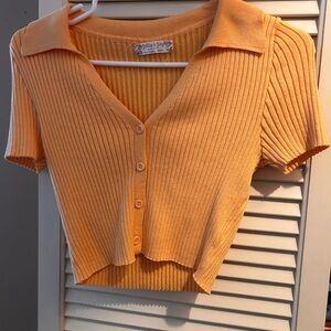 Orange Ribbed Button-Up Crop Top